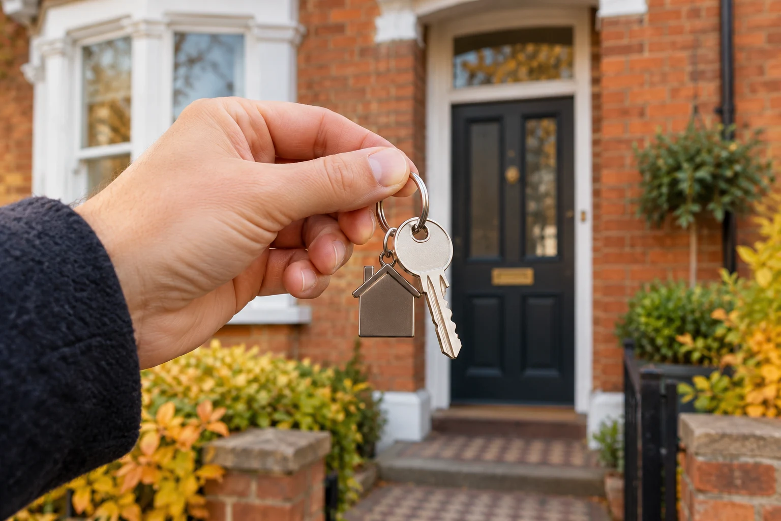 House keys held in front of a traditional red-brick English home