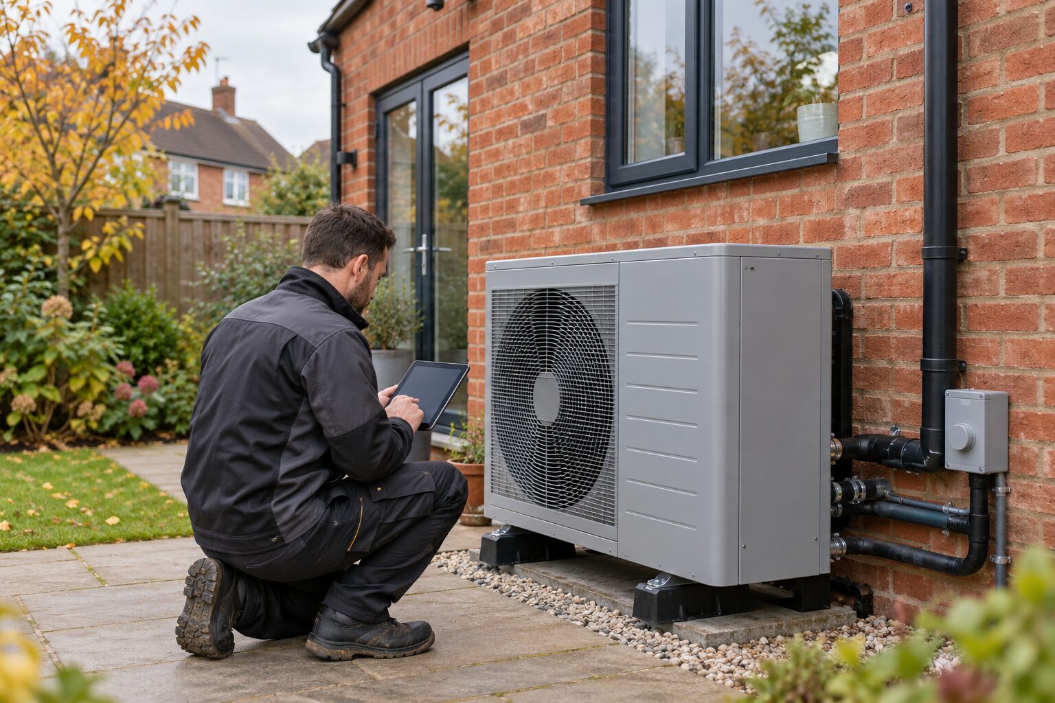 Heating installer checking an outdoor heat pump beside a red-brick English home