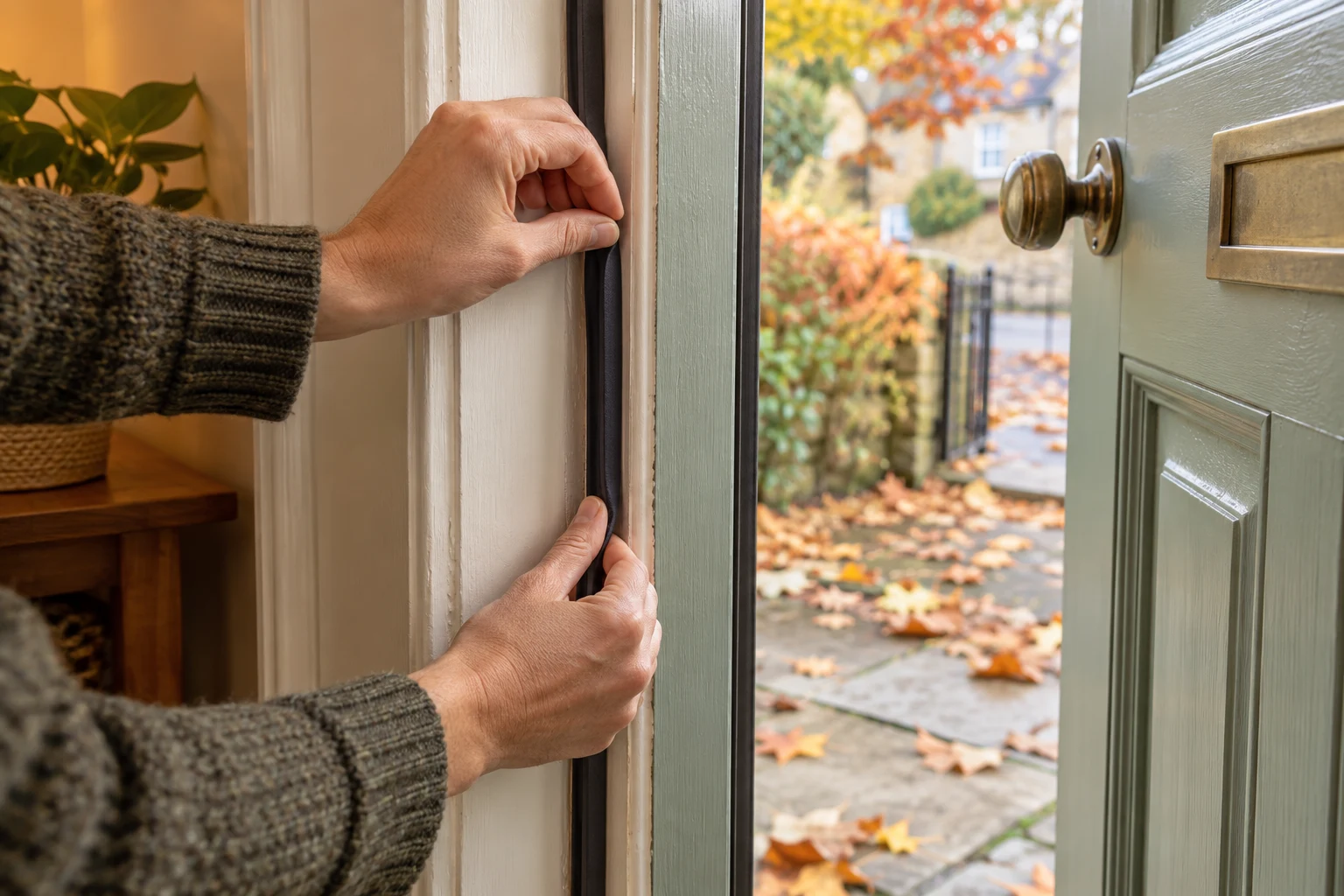 Hands fitting a draught-excluding seal to an external door frame in autumn