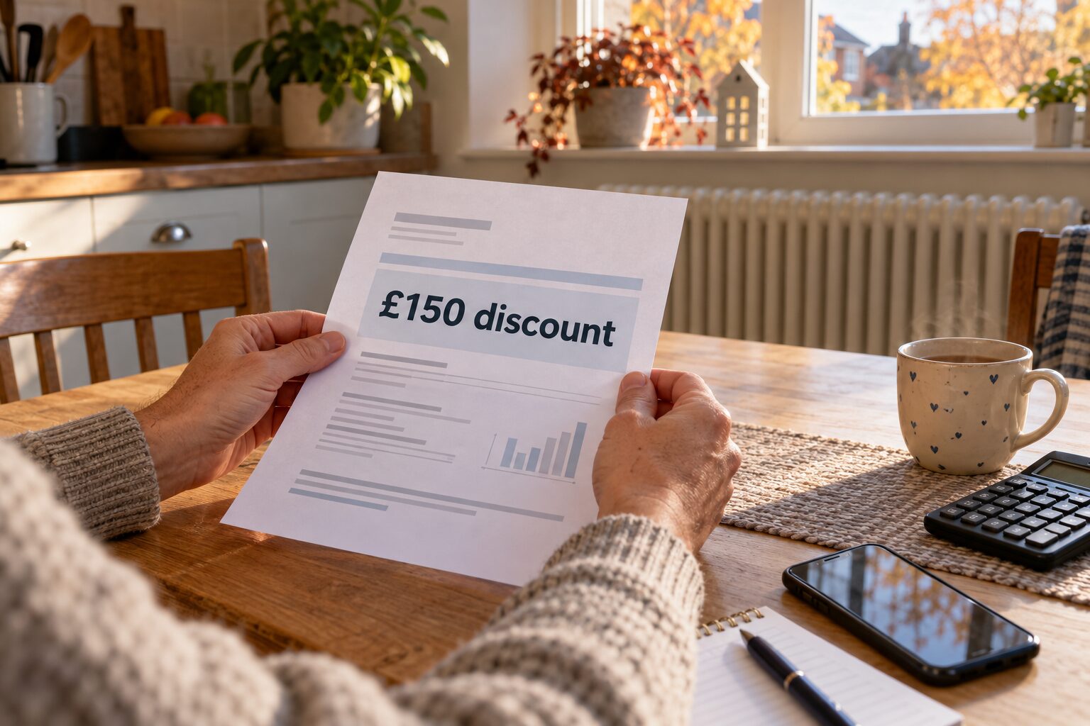 Householder reviewing an unbranded electricity statement showing a £150 discount at a kitchen table