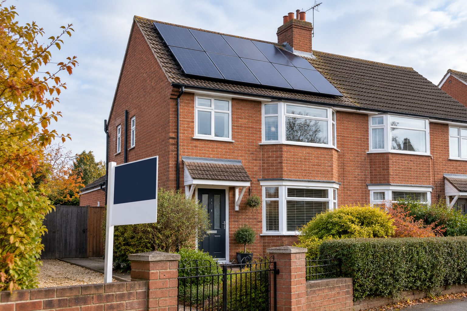 Red-brick English house with rooftop solar panels and an unbranded sale board