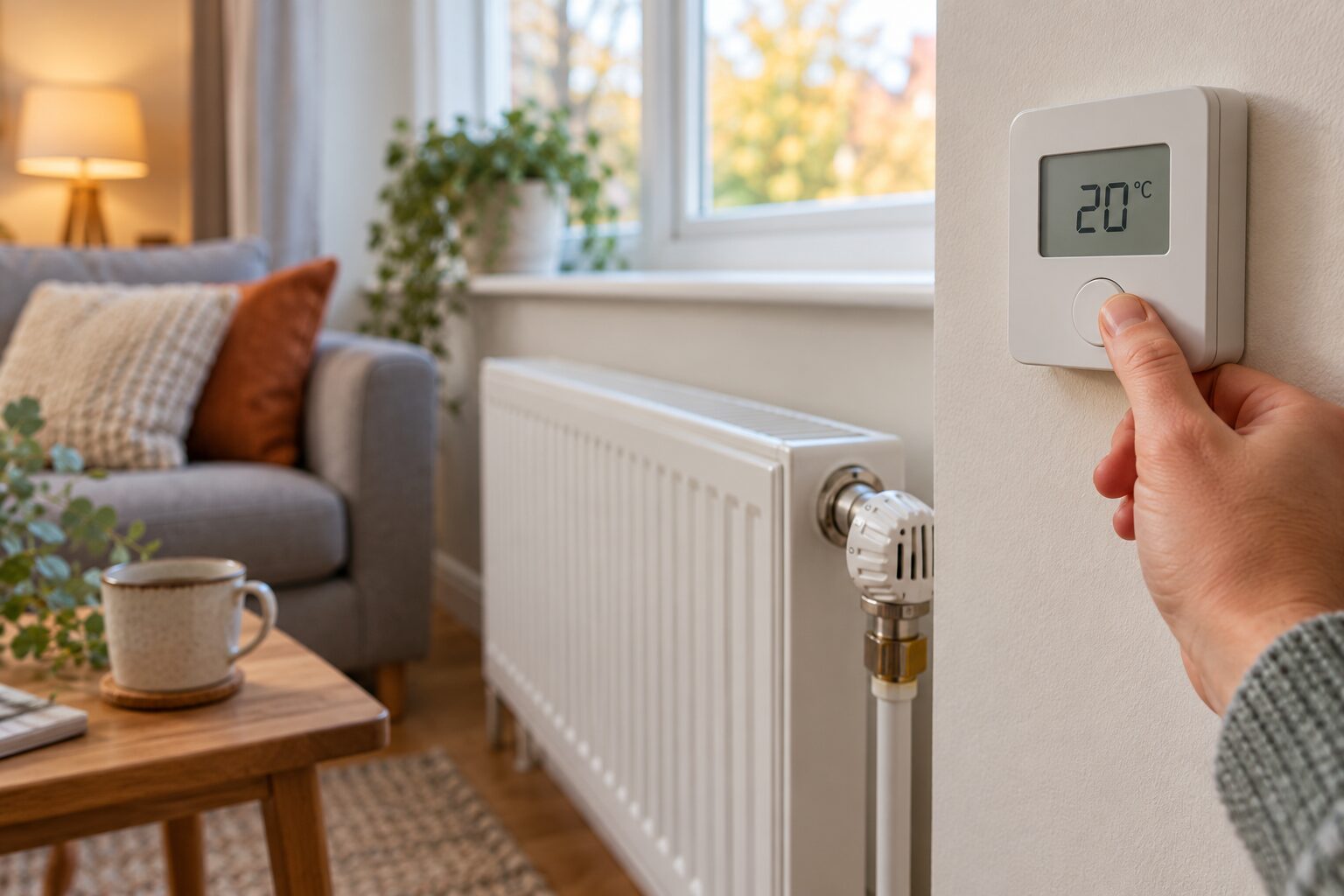 Hand adjusting a wall thermostat beside a radiator with a thermostatic valve in a cosy living room