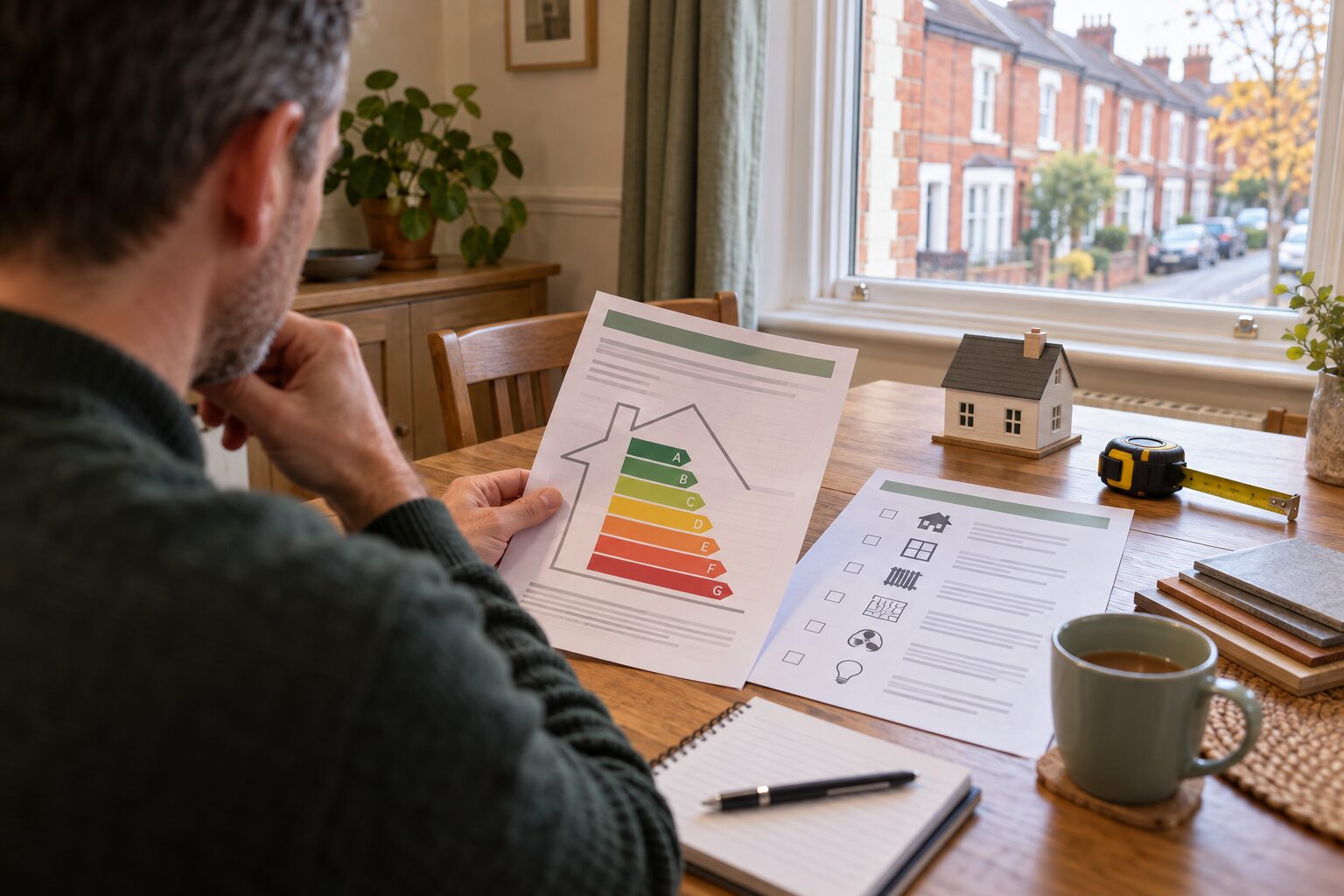 Landlord reviewing an energy rating chart and home improvement checklist at a dining table