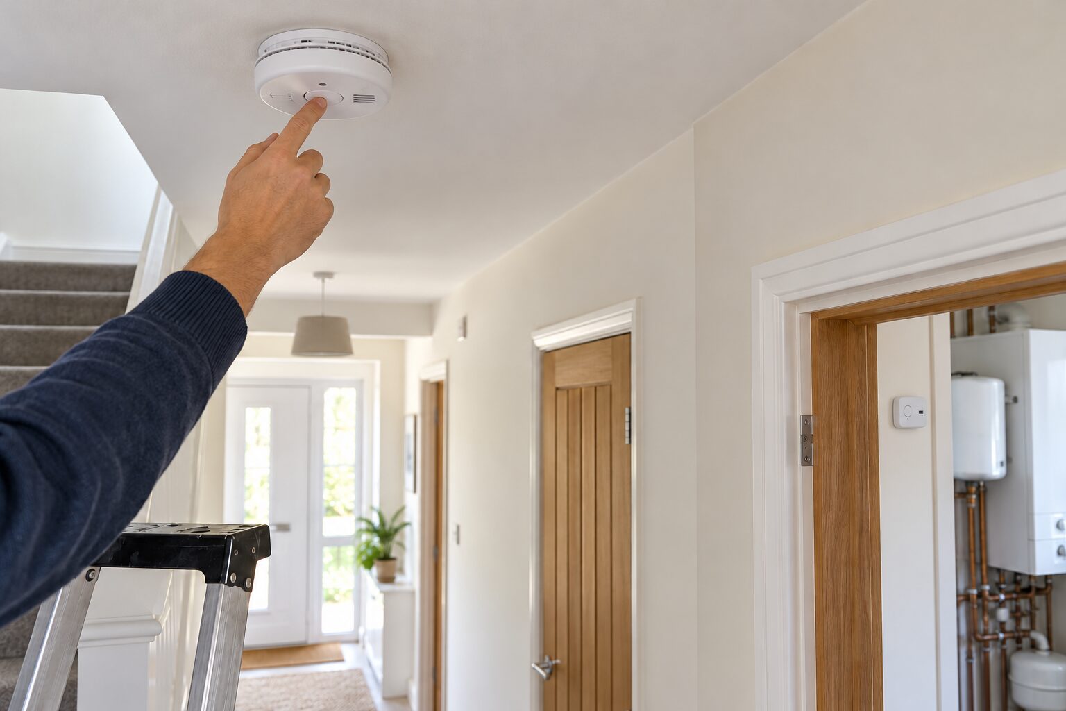 Landlord testing a ceiling smoke alarm with a carbon monoxide alarm visible near a boiler room